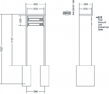 RENZ Briefkastenanlage freistehend, Tetro, Kastenformat 370x110x270mm, 2-teilig, zum Einbetonieren